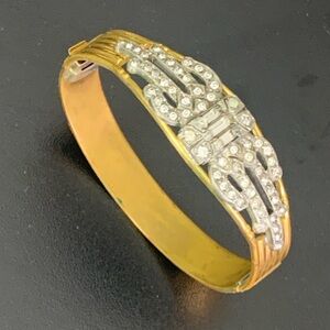 ANTIQUE Vintage ALLCO Art Deco Rhinestone Gold Tone Hinged Bangle Bracelet  7”